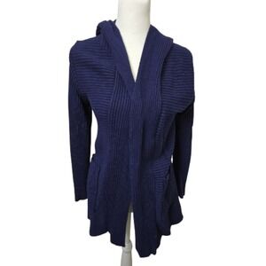 Honey Belle Navy Blue Ribbed Knit Hooded Cardigan Sweater Women's Size Small